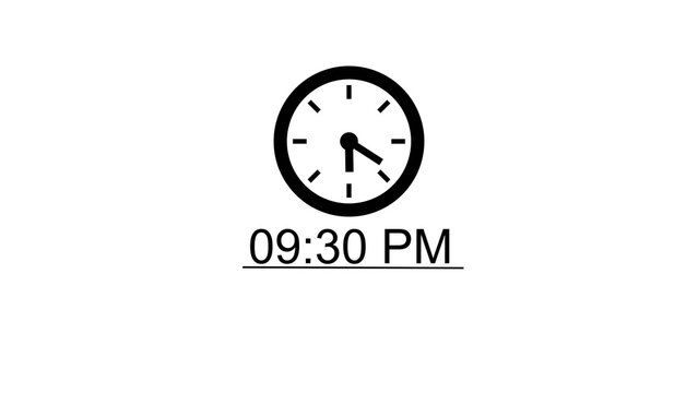 Black analog clock icon showing time of nine thirty pm with digital timestamp as.