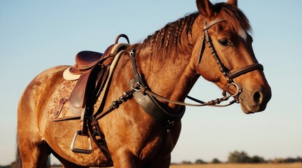 Obraz premium Brown horse with braided mane wearing leather saddle stands in a field. Sunlight illuminates its coat. Clear sky overhead. Animal waits patiently.