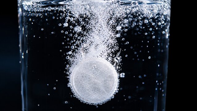 Macro action shot of a generic white effervescent tablet dissolving in water creating fizzy bubbles against a dark background