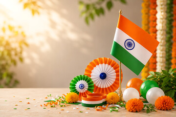 Naklejka premium Indian independence day celebration with flag decorations and floral garland