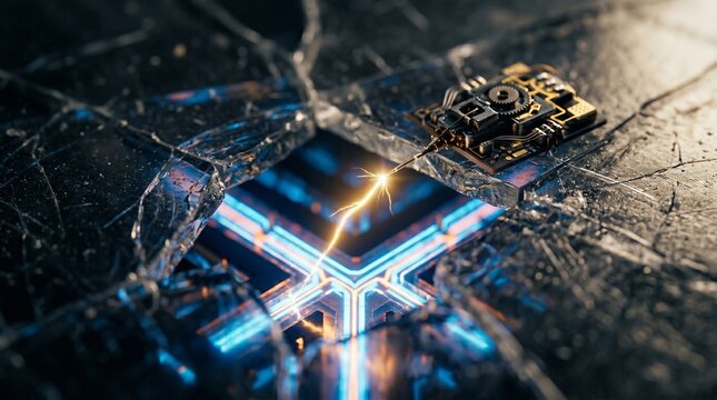 Realistic 3D macro render of an electronic sensor board sending an electrical spark through a cracked surface to reveal glowing blue circuitry, representing cybersecurity breach