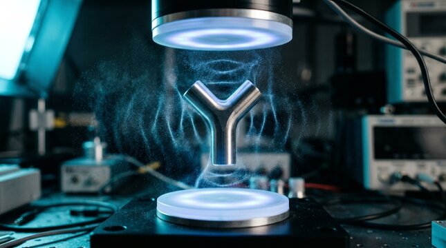Realistic photograph of a metallic Y-joint levitating between glowing magnetic pads in a high-tech laboratory, representing quantum physics and advanced materials testing