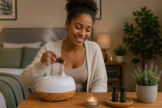 A woman smiles as she adds essential oil to a diffuser on a table. The room is warm and has plants and candles. Soft lighting creates a relaxed atmosphere.