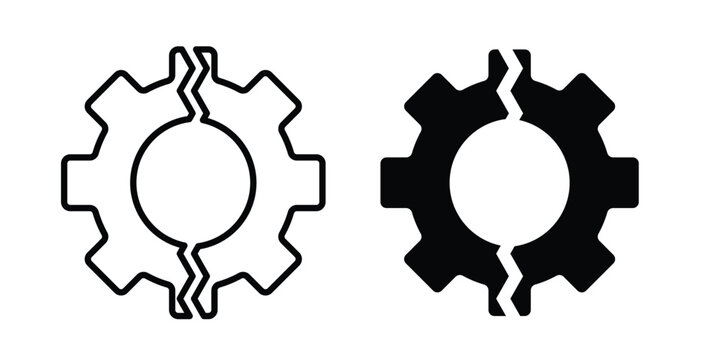 Broken gear icon. Set of black vectors