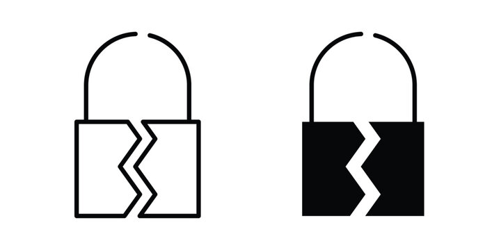 Broken lock icon. Set of black vectors