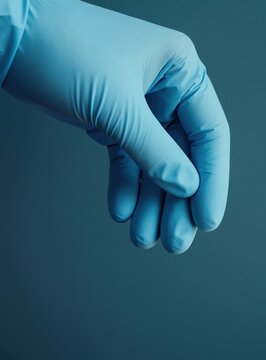 Hand wearing light blue latex medical glove, preparing for examination or procedure. Close up shot with dark background. Clean sterile protection concept.