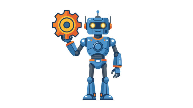 Blue robot character, metal mechanical bot, holding orange gear, futuristic illustration isolated on White Background