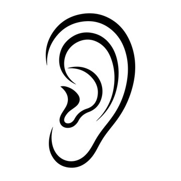 Premium collection of minimalist human ear black silhouette vector illustrations featuring hearing, communication, audio perception and healthcare concepts isolated on white background.