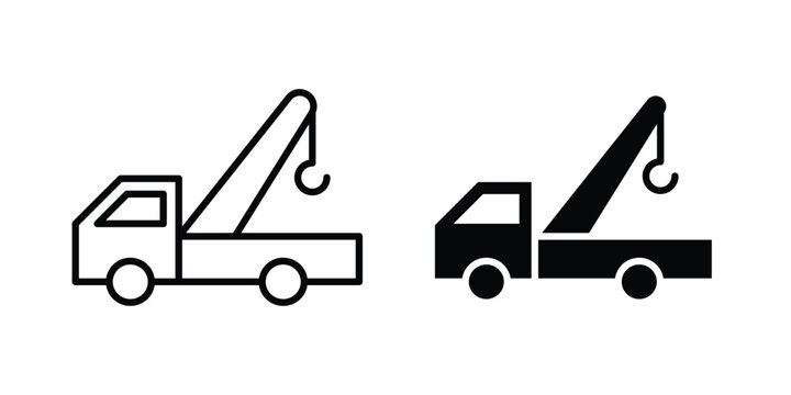 Tow truck icon. Set of black vectors