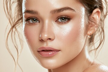 Fototapeta premium Modern beauty portrait with crystal optical elements and clean luminous skin. Futuristic cosmetic campaign and luxury skincare concept.