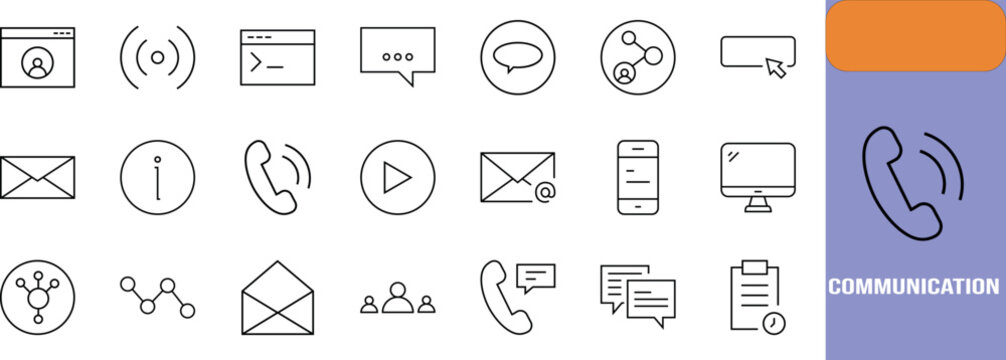 Digital communication outline vector icons. phone icon set, mail icon set, chat icon set