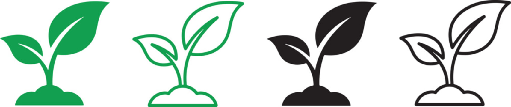 plant sprout icon with leaves and soil, outline and silhouette vector illustration isolated on transparent background nice plant