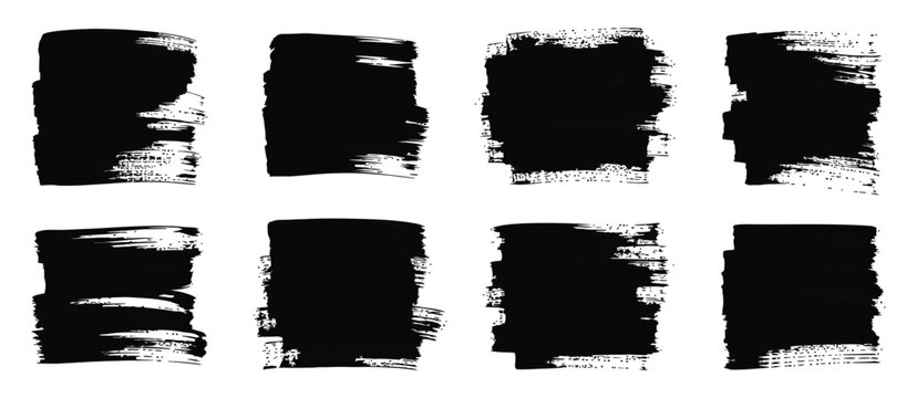 Grunge black paint roller strokes, thick ink smears, distressed brush stripes, chalk underlines, rough label frames, textured vector illustration design.