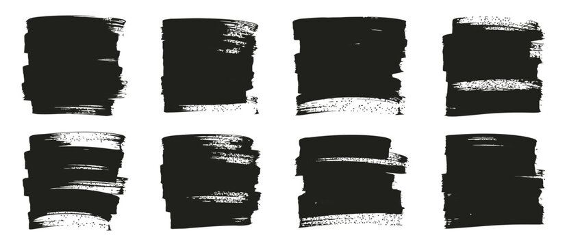 Grunge black paint roller strokes, thick ink smears, distressed brush stripes, chalk underlines, rough label frames, textured vector illustration design.