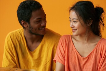 Obraz premium Young couple facing each other against orange backdrop
