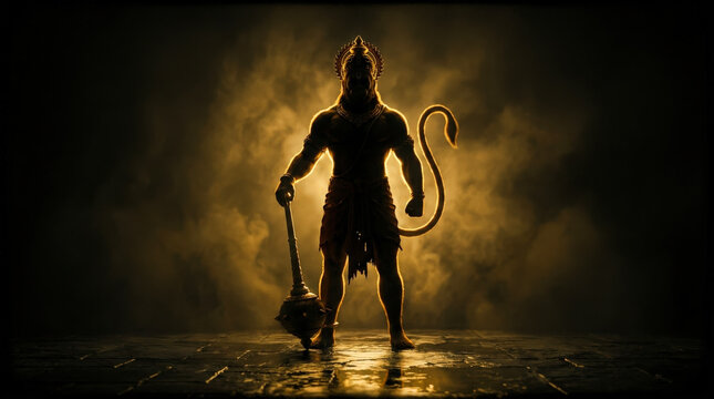 Hanuman silhouette with mace and golden light