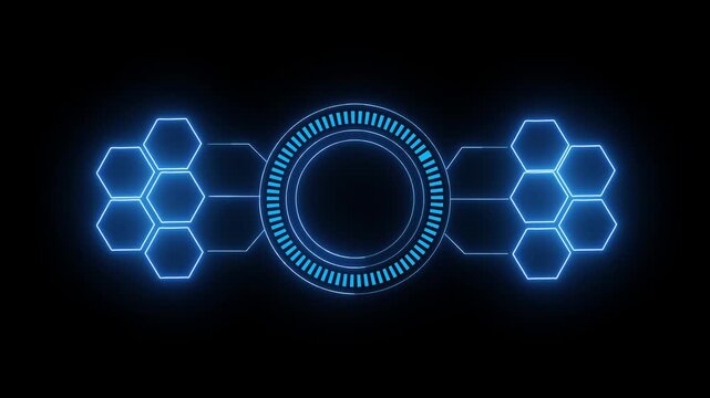 Futuristic blue glowing hud interface elements with connecting lines and hexagons on black. Futuristic hud frame, border, screen overlay.