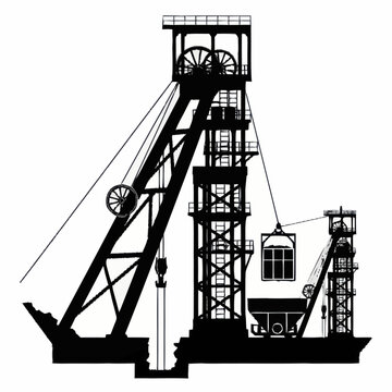 Silhouette of a large industrial mining headframe structure with pulleys and cables.
