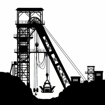 Silhouette of a mining headframe and equipment against a white background.