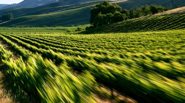 A dynamic eye level view captures modern rolling vineyard hills characterized by abstract movement and ic forms in a high  landscape photograph