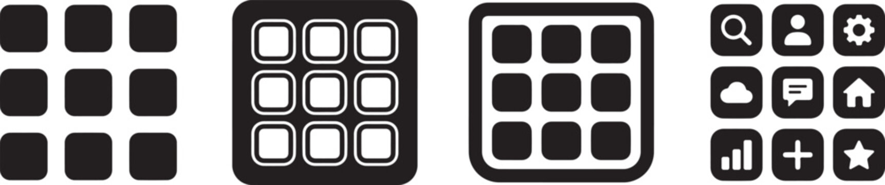 Collection of various black and white interface icons and buttons on white background