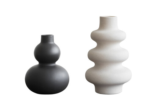 Trendy vase isolated on transparent PNG and white background, White and black vases - isolated objects for modern home and office interior design.