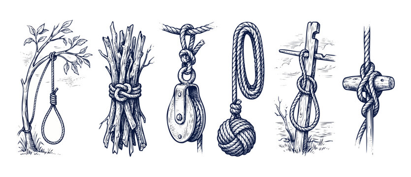 Rope knots vintage engraving illustrations showing outdoor survival cordage, nautical pulley, hangman noose, wood bundle, monkey fist, and cleat hitch techniques in a rustic hand drawn sketch set.