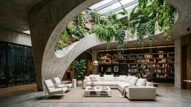 Brutalist concrete living area with lush indoor garden.