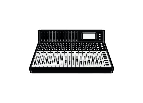 Electronic music synthesizer with faders buttons and display on transparent background production.