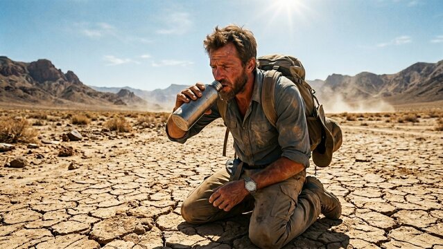 ​Thirsty male traveler kneeling on cracked desert ground and drinking water from a metal thermos bottle during a harsh survival journey