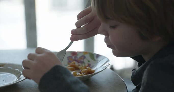 Kid Boy Eat Fried Potato. Eating Breakfast Lunch in Kitchen. 4K 10-bit