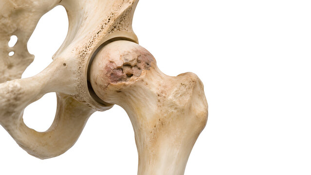 Femoral head avascular necrosis hip medical education image showing subchondral bone damage and collapse on realistic proximal femur for orthopedic radiology and patient healthcare communication