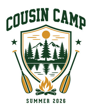 Cousin Camp Summer 2026 Shield Badge Camping T-Shirt Design