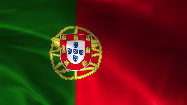 Realistic waving flag of Portugal animation video loop featuring seamless fabric texture ripples green and red national country symbol with coat of arms armillary sphere.