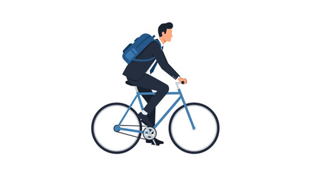 Obraz premium Businessman in Suit Riding Bicycle with Backpack, Urban Commute and Eco-Friendly Transport Concept, Flat Vector Illustration Isolated on White Background