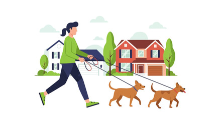 Fototapeta premium Woman Walking Two Dogs in Suburban Neighborhood Illustration - Professional Dog Walker and Pet Care Service Concept in Flat Vector Design