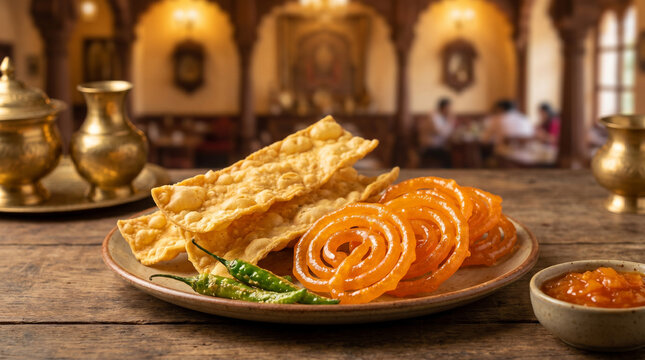 Crispy fafda and sweet jalebi served in an authentic Indian restaurant setting. Highly detailed commercial macro food photography of a famous Gujarati snack in 8K format.
