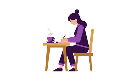 Fototapeta premium Woman Writing in Notebook at Desk with Coffee Flat Vector Illustration