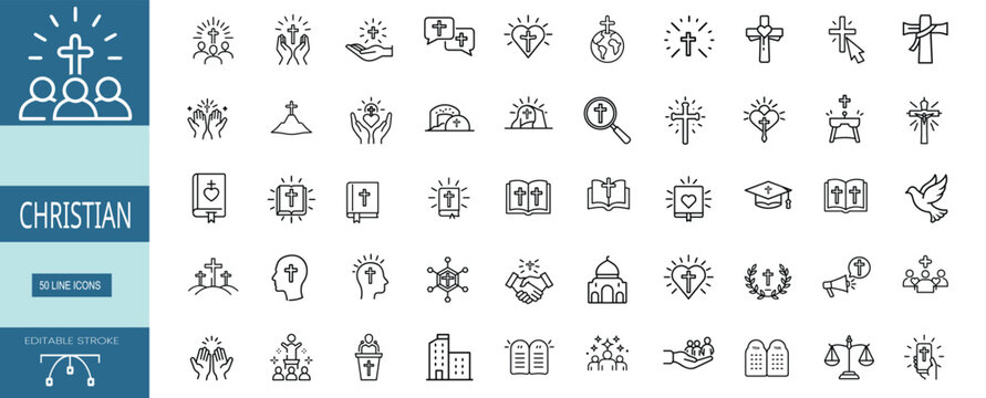 Christian religious faith church holy bible  line icons set jesus cross prayer hands dove heart olive branch grave & more vector illustration with editable stroke