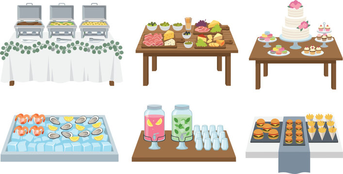 Catering Buffet Table Vector Illustration Set with Wedding Cake Food Platters Seafood Bar Drinks and Party Event Feasts