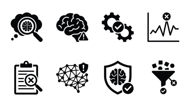 Artificial Intelligence Icons: Brain, Data Analysis, Security, Machine Learning
