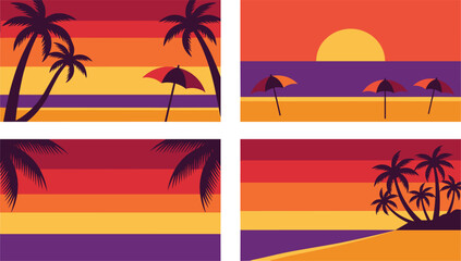 Obraz premium Tropical Beach Sunset Banners Vector Landscape Set with Palm Tree Silhouettes Umbrellas and Retro Striped Background Illustrations