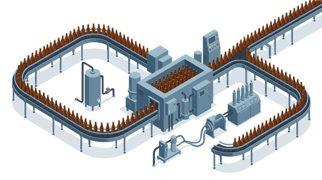 Isometric illustration of an automated beverage bottling line with conveyor belts and filling machinery in a modern industrial factory