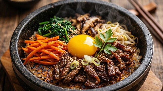 Bibimbap served in a hot stone bowl with marinated beef and fresh vegetables creates a hearty and balanced Korean meal.