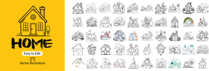 Naklejka premium Set of home and real estate hand drawn doodle icons with architecture building property residential homeowner construction collection business structure interior creative minimalist