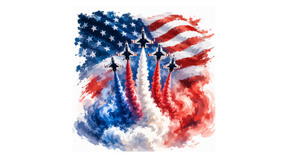 Patriotic American flag watercolor illustration, military fighter jets air show with red white and blue smoke trails, Fourth of July celebration SVG isolated on White Background © Mr