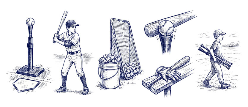 Baseball sketch drawings vintage training set depicting youth little league player batting, tball equipment, leather glove, wooden bat, ball bucket, and practice net illustrations in retro blue ink st