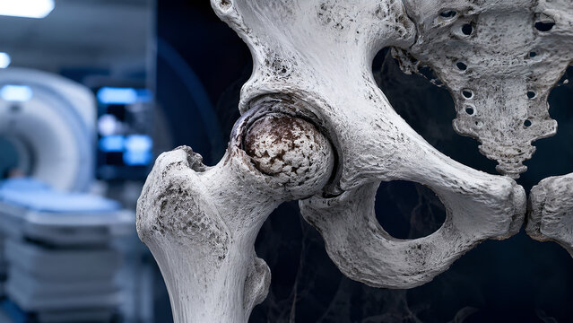 Femoral head avascular necrosis radiology concept showing hip reduced blood supply, realistic medical imaging display in clean clinical setting for orthopedic education and patient awareness use