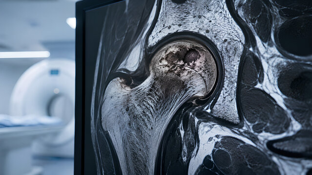 Femoral head avascular necrosis radiology concept showing hip reduced blood supply, realistic medical imaging display in clean clinical setting for orthopedic education and patient awareness use