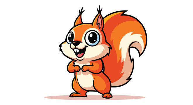 Cute cartoon red squirrel with big blue eyes and fluffy tail standing on white background.